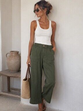 LOFT Olive Green Wide Leg Utility Pants Elastic Waist Cargo Trouser Sz 4